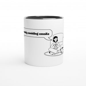 A funny relatable coffee mug with words written 'Currently Avoiding Emails'.