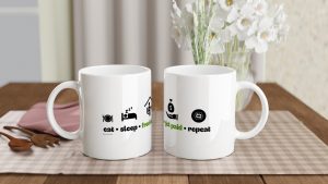 This is the repeat freelance cycle white mug